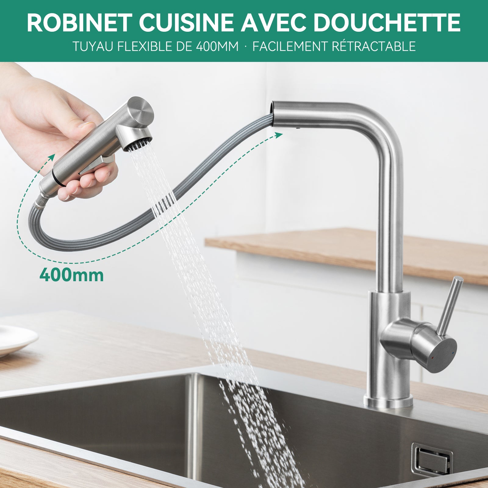 Grifo de cocina con rociador extraíble - Grifo de cocina con 2 modos de salida de agua - Grifo mezclador de acero inoxidable cepillado - 2