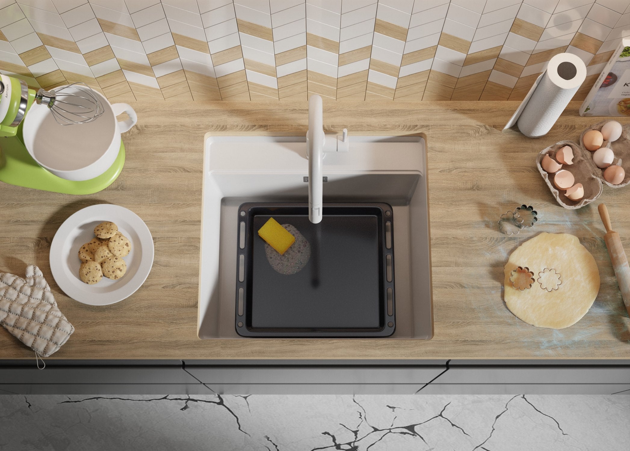 Lavello sottotop Bianco 56x53cm, Lavandino in Granito a 1 vasca + Sifone Classico + Tagliere, Lavabo da Cucina al mobile 60cm - Bergen PRIMAGRAN - 9