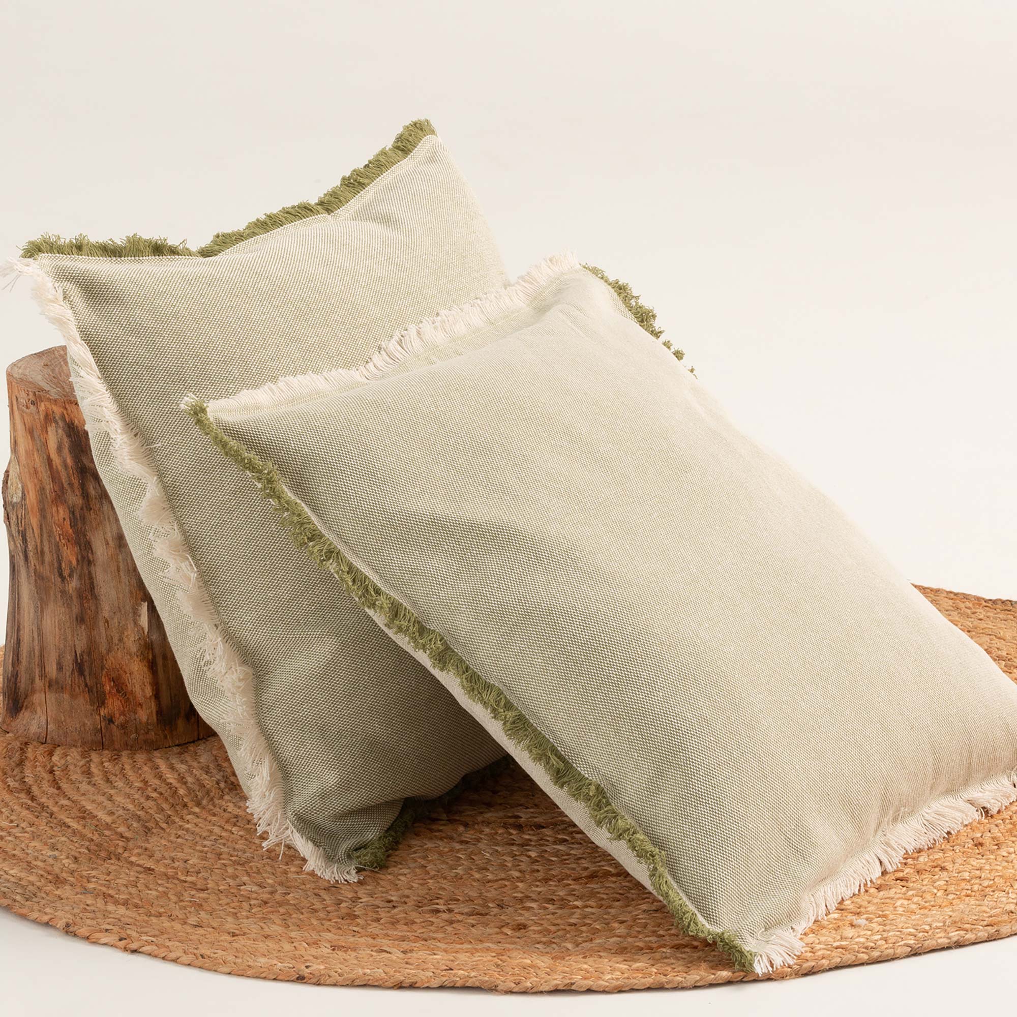 Pack 2 fundas cojín flecos Tibu 50x50 cm - Fundas decorativas lisas con flecos en algodón combinado Verde - 2