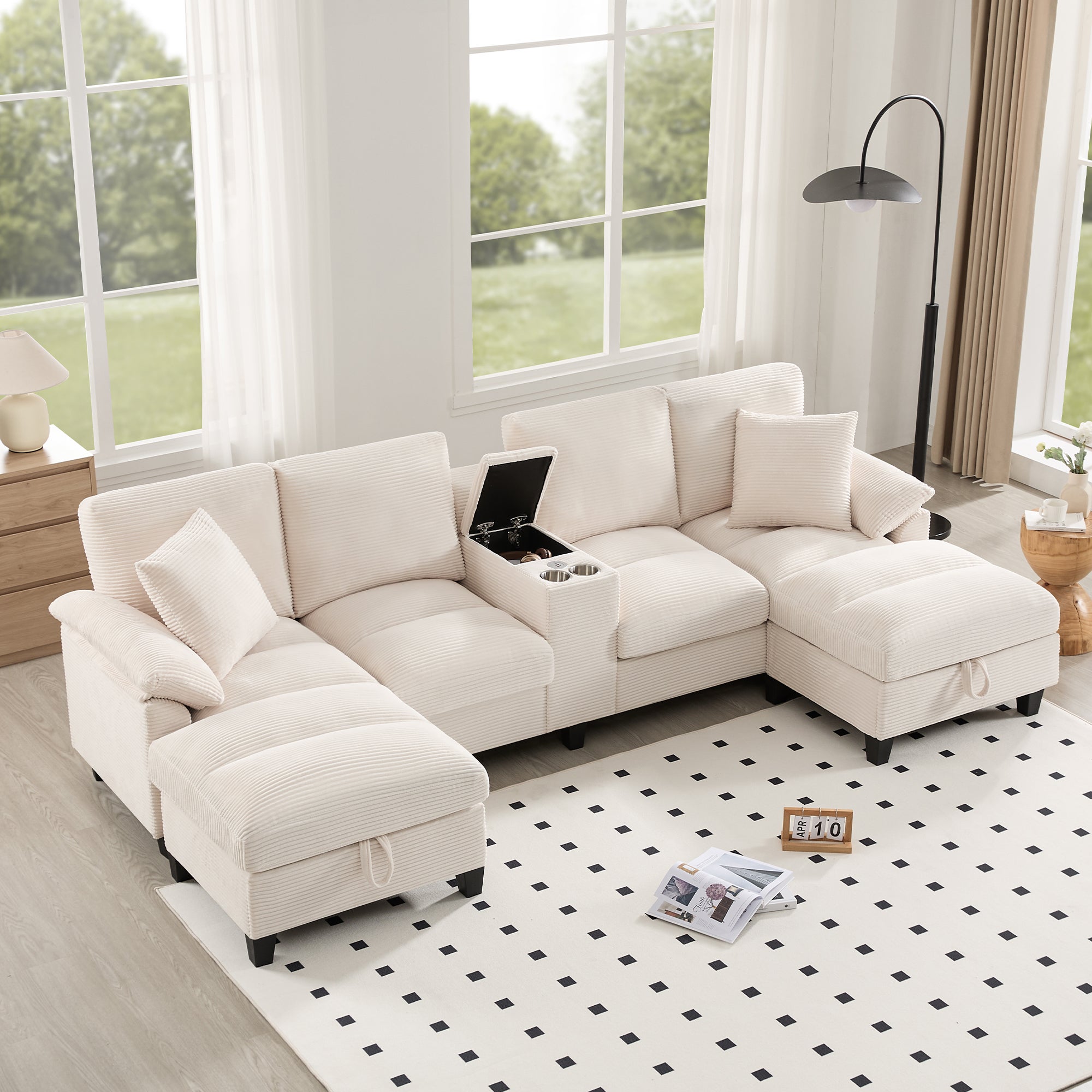 Sofa 4-osobowa w kształcie litery U z miejscem do przechowywania, uchwytami na kubki i portami USB - 293 x 142 x 93 cm - Tkanina sztruksowa - Beżowa