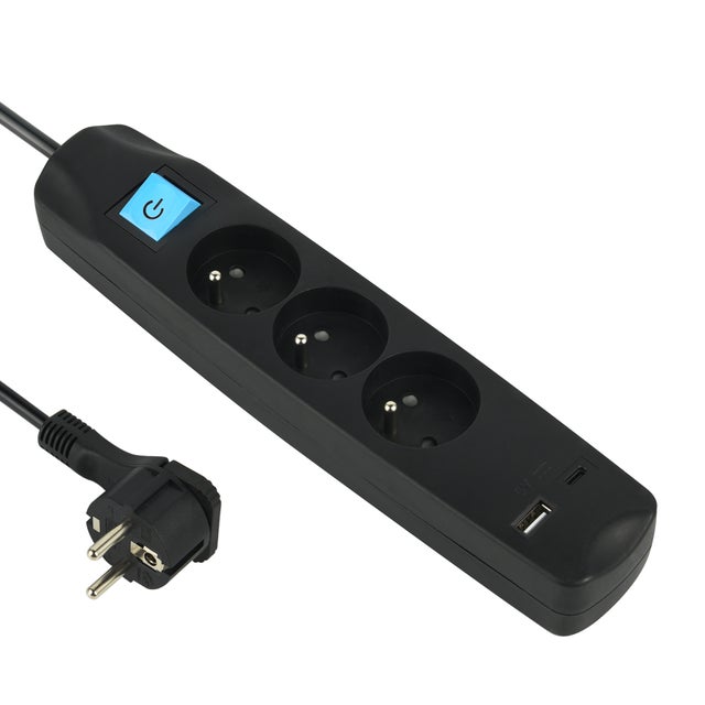 Electraline 35605 Bloc Multiprise 3 Prises Françaises + 2 USB 3.4A 17W A + 1 Type C, avec Interrupteur on/Off, Fiche Extra Plate 90° 16A, Câble 1.5M