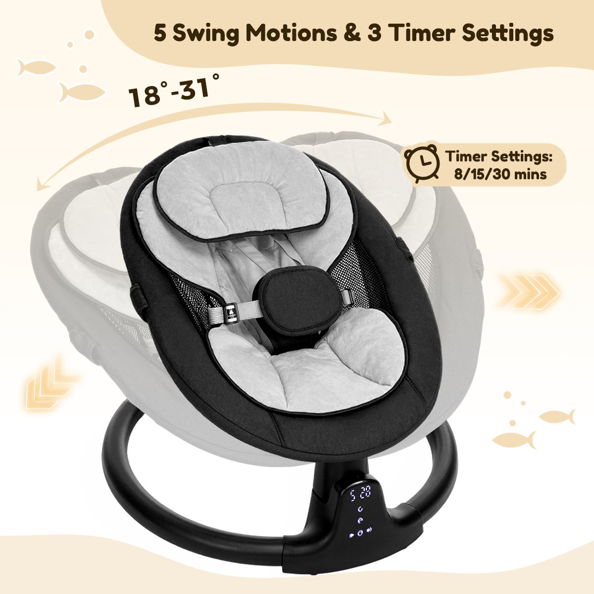 Cadeira de baloiço elétrica para bebé com música Bluetooth, 5 velocidades de baloiço, almofada removível, mosquiteiro e comando - Preto - 6