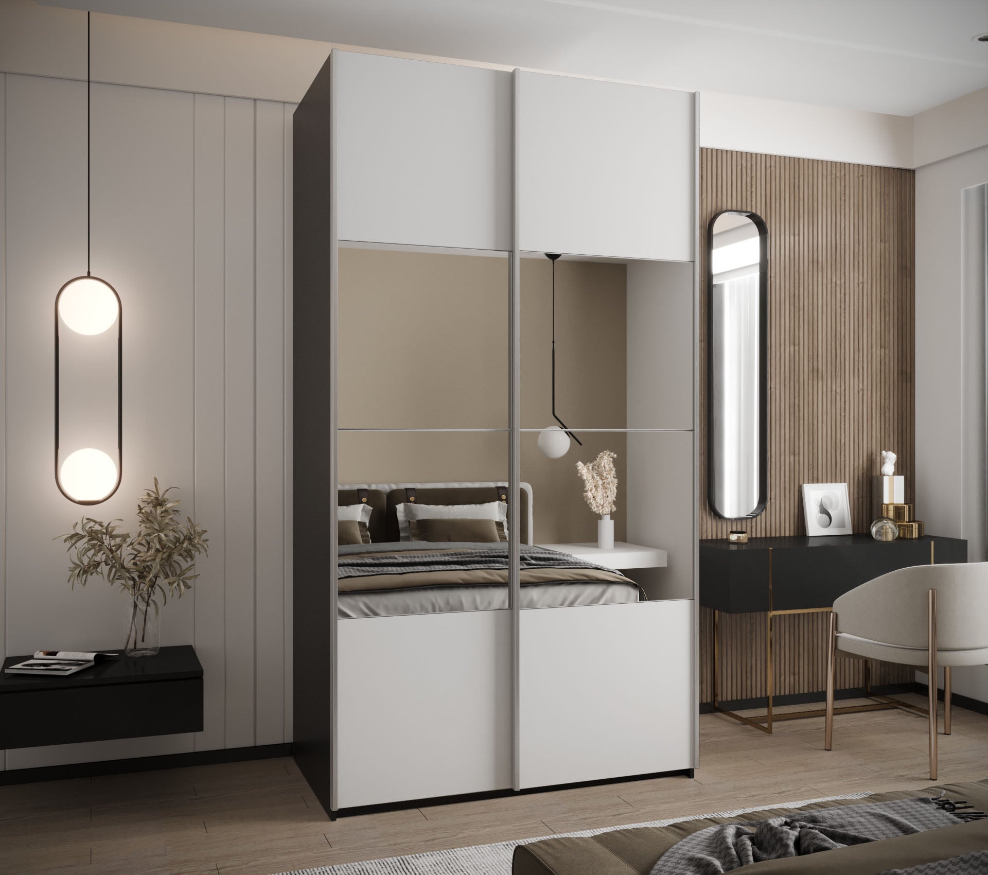 Szafa przesuwna wysoka Lux 4 130 x 64 x 245,5 cm czarny + biały + u. srebrny - Abiks Meble - 2