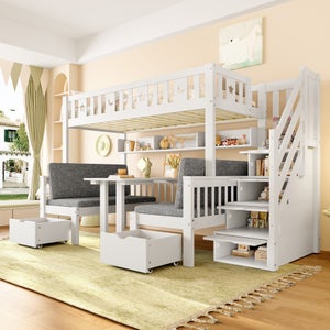 Letto A Soppalco 90x200 Cm Con Scrivania, Armadio E Scala A Cassetti – Bianco, Per Adolescenti E Adulti