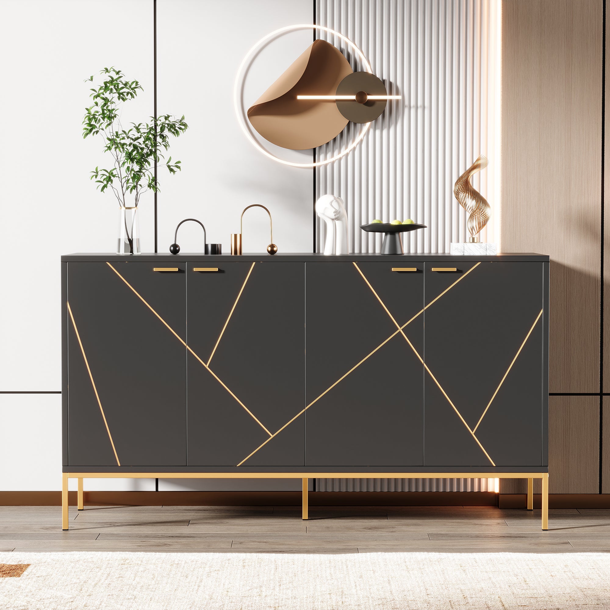 Komoda z 4 drzwiami - 150 x 40 x 80 cm - Płyta wiórowa i nogi metalowe w kolorze złotym - Czarny