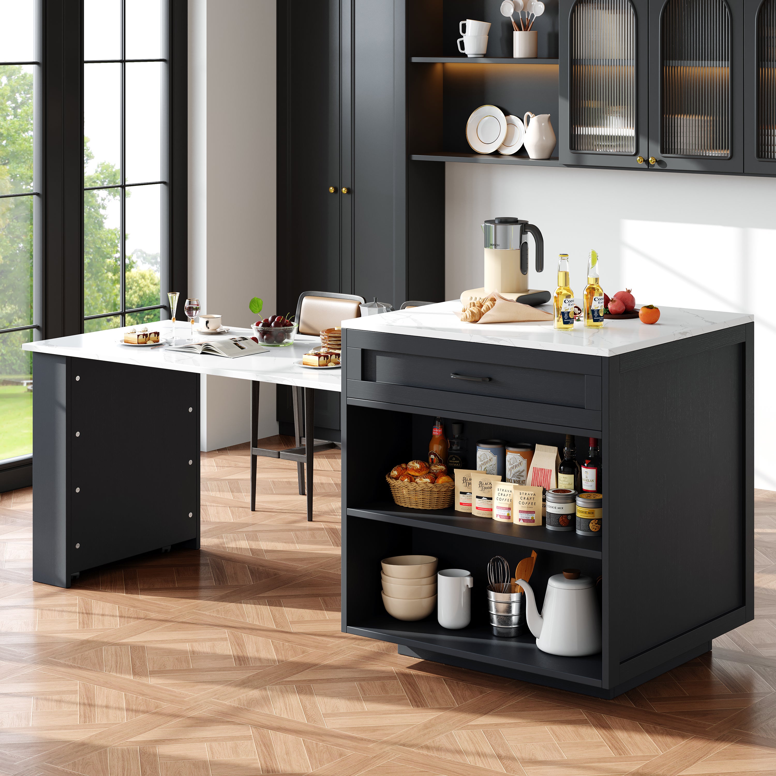 Wyspa kuchenna ze stołem jadalnym dla 4-6 osób - 2 szuflady, 2 drzwi i półki - 133/202 x 70 x 93,5 cm - MDF - Czarny - 2