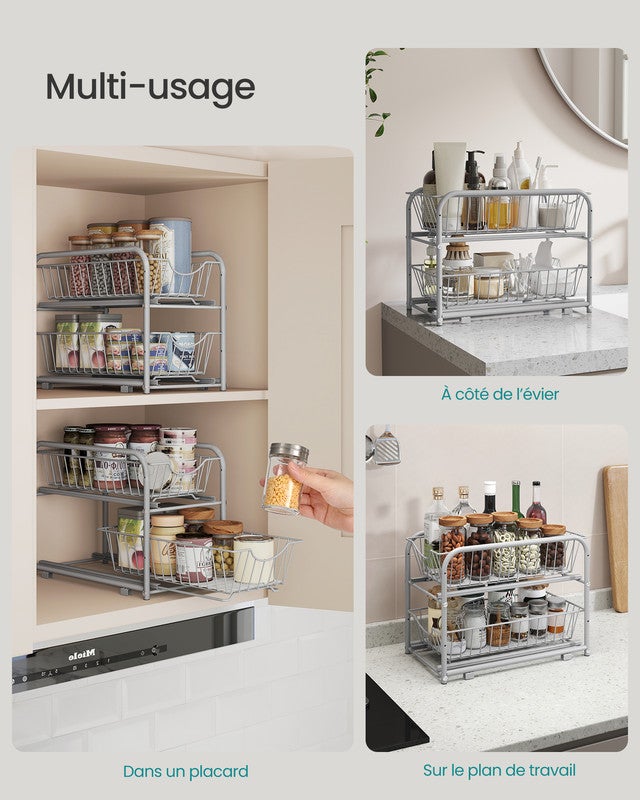 Organiseur de Cuisine, Étagère sous Évier, 2 Paniers Coulissants, Empilable,pour Rangement dans Placard, pour Cuisine, Salle de Bain,Gris Tourterelle - 3