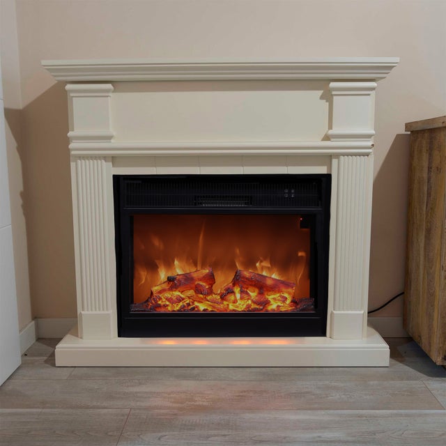 CALDERA XXL BLANCA FUEGO DE SUELO CON MARCO Y QUEMADOR ELÉCTRICO 1500W BLANCA Mando a distancia incluido, EFECTO LLAMA LED