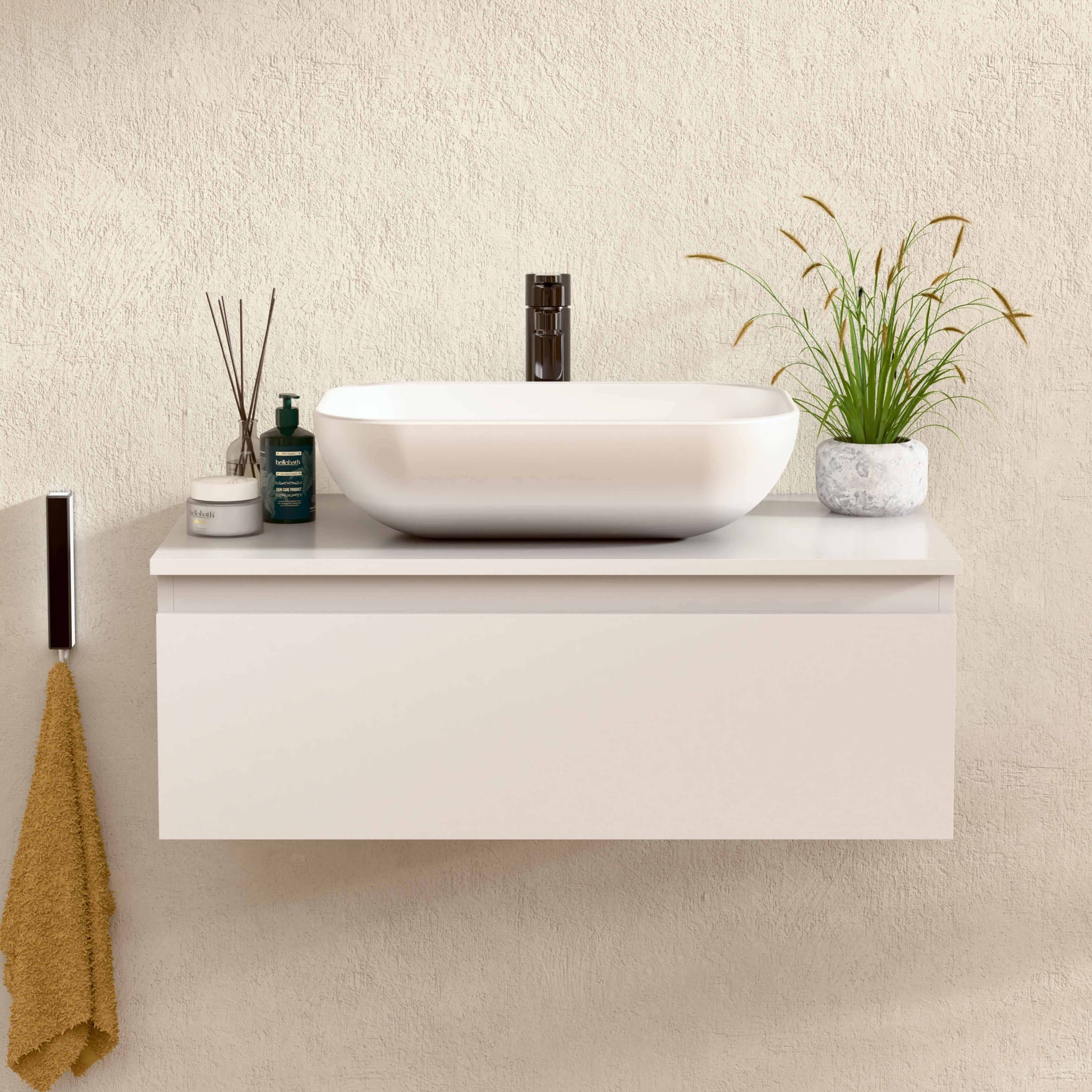 BELLOBATH - Móvel de Banheiro Suspenso com Lavatório de Cerâmica, Móvel de Banheiro com 1 Gaveta, 100 x 27 x 46 cm, Móvel Branco - 2
