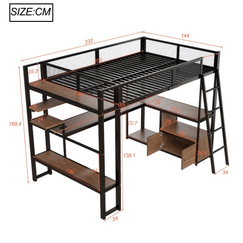 Lit Mezzanine 2 Place avec LED, Lit Superposé Enfant 140x200 avec fnombreux rangements et poste de travail intégré,Noir(Sans Matelas) - 4