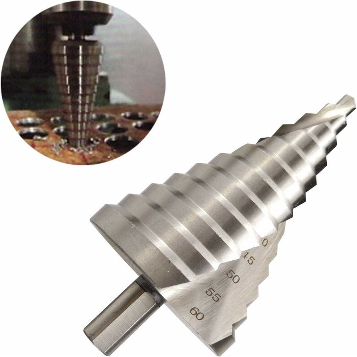Burghiu în trepte, burghiu conic, 6-60 mm, cu 12 trepte, HSS, argintiu, tijă rotundă, canal conic elicoidal, rezistent la rugină, pentru lemn
