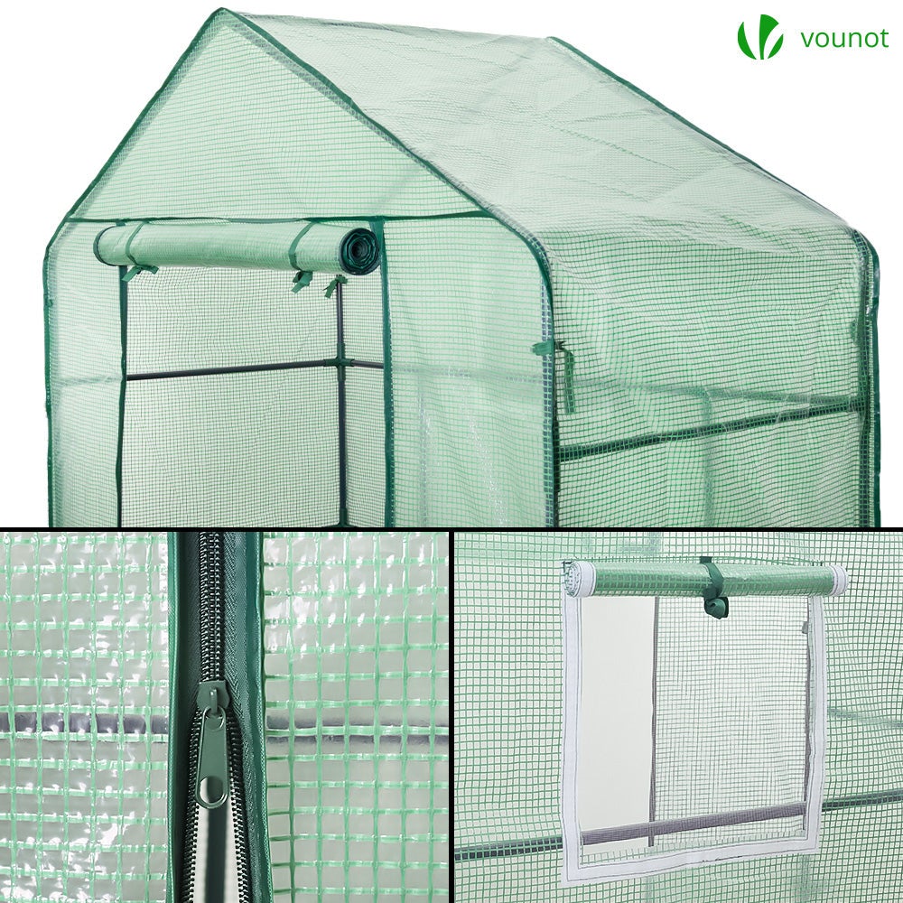 Serre de jardin avec étagères 143x73x195cm vert - bâche renforcée 135g/m², fenêtre moustiquaire, porte enroulable zippée - VOUNOT® - 5