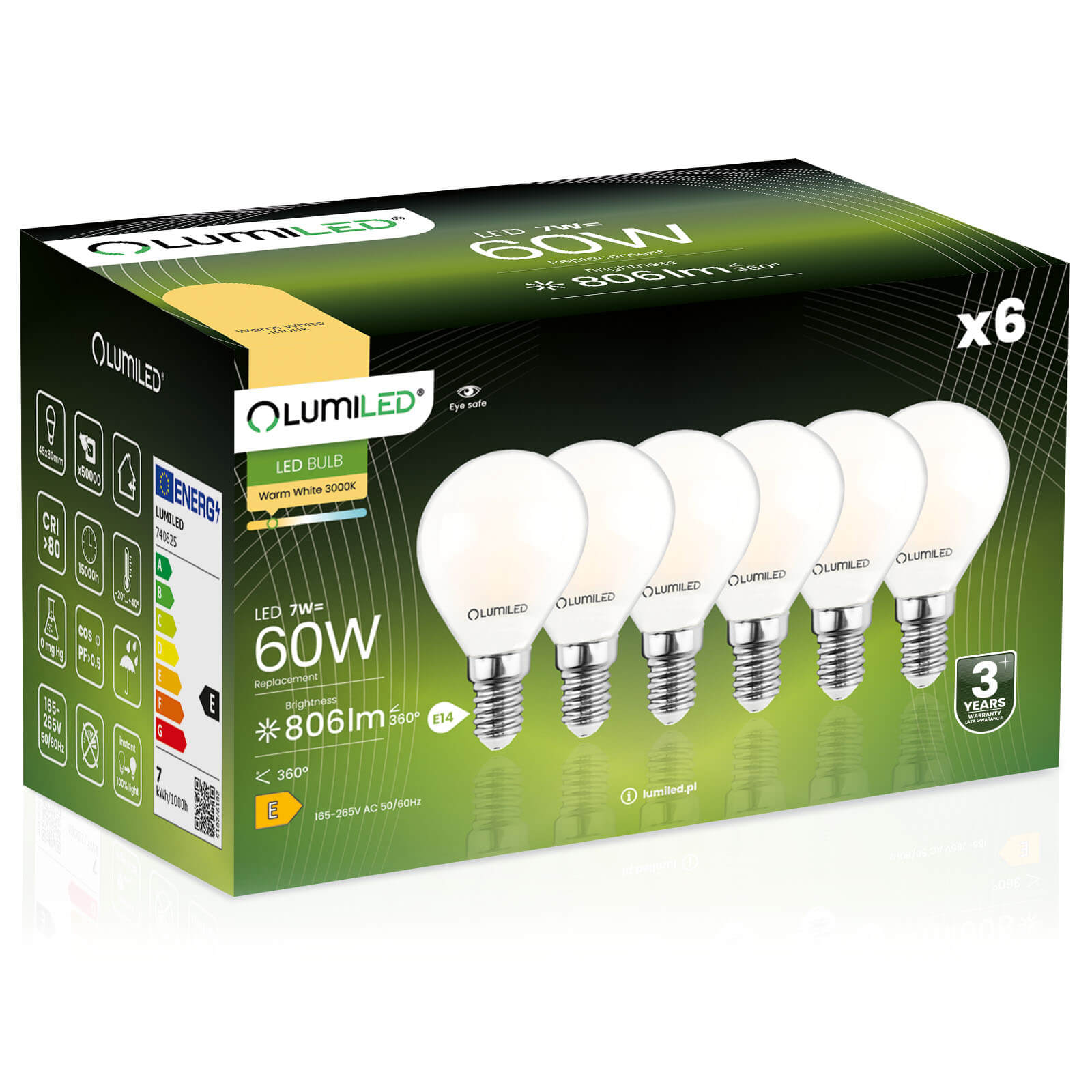 6x Żarówka Lumiled LED E14 Kulka P45 7W = 60W 806lm 3000K Ciepła 360st Filament