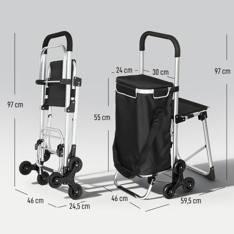 Chariot de courses pliable caddie de courses portable à roulettes avec siège pliable, sac amovible, 46x59,5x97cm, noir - 5