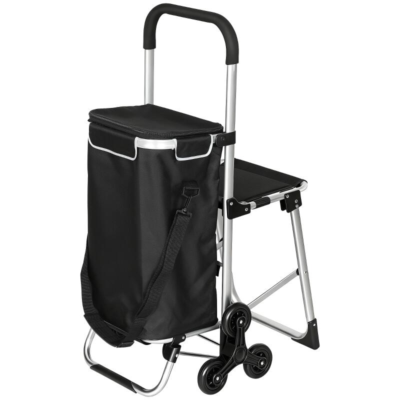 Chariot de courses pliable caddie de courses portable à roulettes avec siège pliable, sac amovible, 46x59,5x97cm, noir - 2