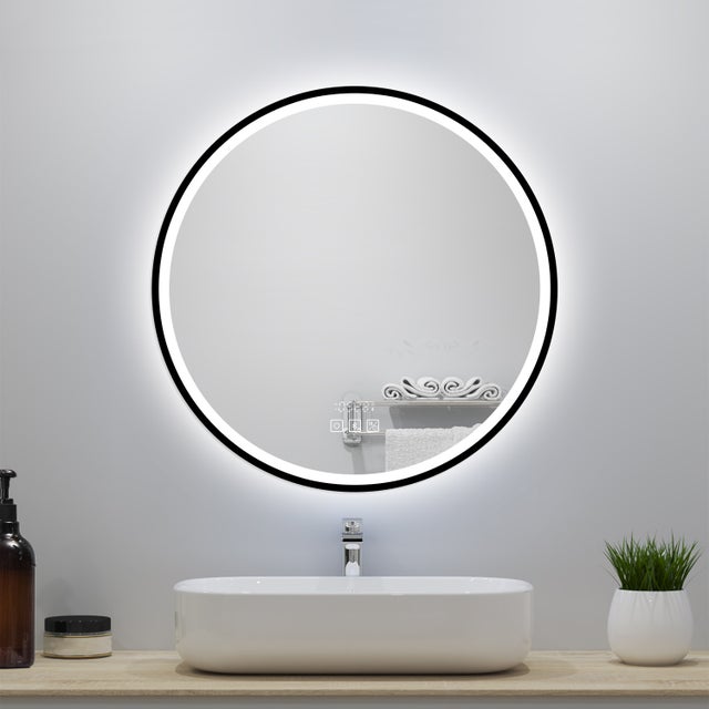Miroir lumineux de salle de bain avec Bluetooth Rond 80cm， Horloge + 3 Couleurs + Dimmable + Anti-Buée, Noir Cadre Non-Métallique