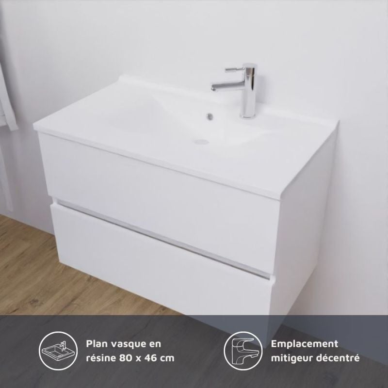 Meuble salle de bain 80 cm ROSALY avec plan vasque et miroir Excell Plus- Blanc- Plan vasque en Résine - 9