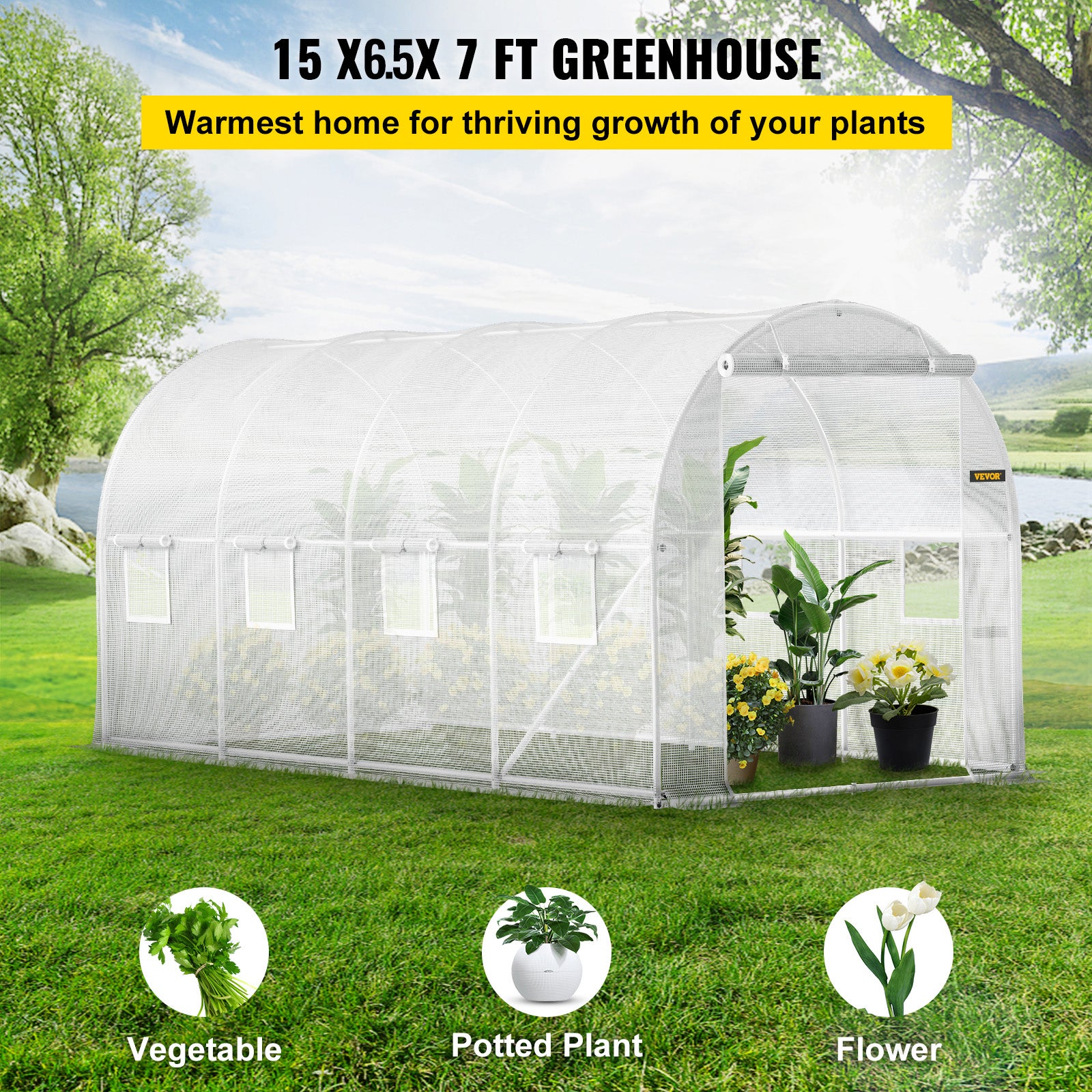 Serre Tunnel Jardin VEVOR 4,6x2,1x2,1 m Tente Abri Plantes Cadre en Acier Galvanise Couverture Etanche PE 1 Poutre Superieure 2 Poteaux Diagonaux 1 Po - 2