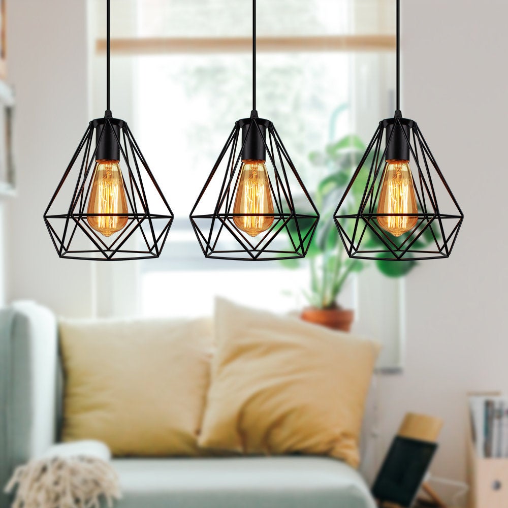 3 Pezzi Lampada A Sospensione Vintage Lampadario Da Soffitto Paralume Gabbia Geometrica Nero 88623349
