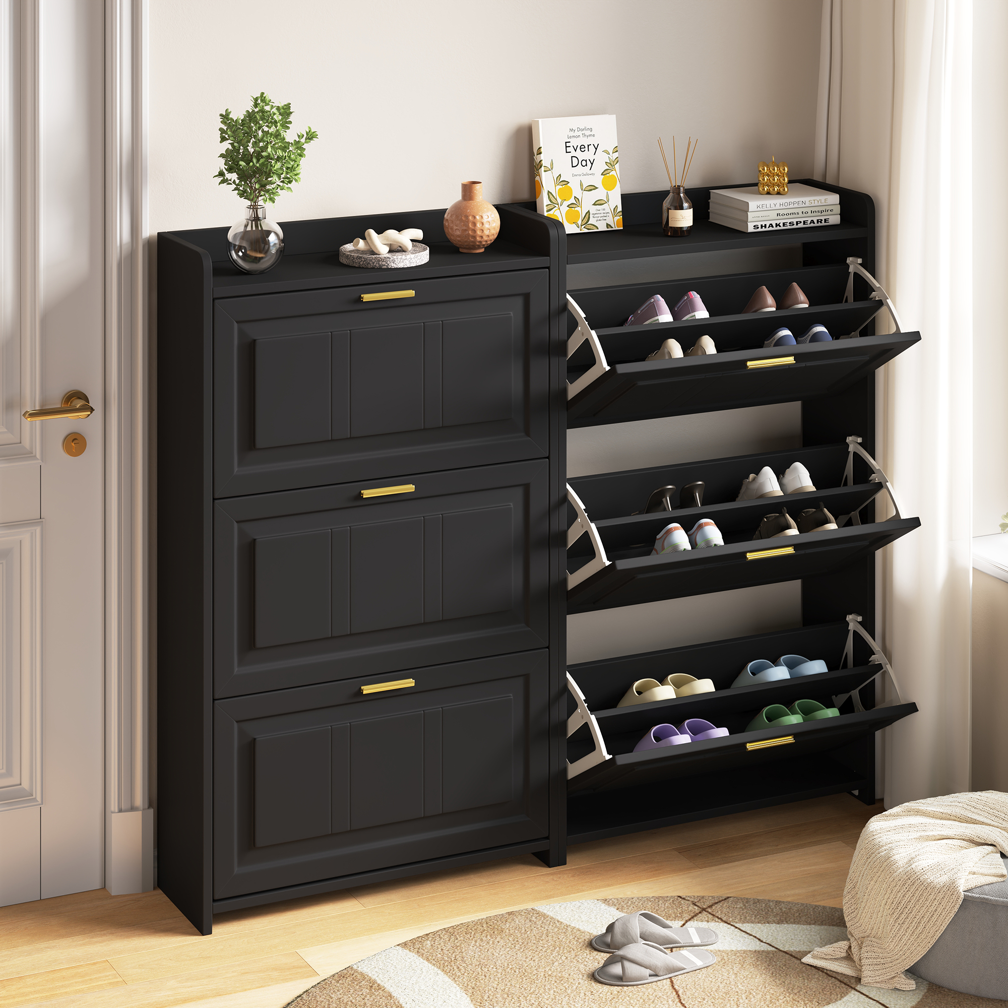 Zestaw 2 szafek na buty 70 x 24 x 120 cm – 6 drzwiczek opuszczanych – 12 przegródek – MDF i płyta wiórowa – kolor czarny