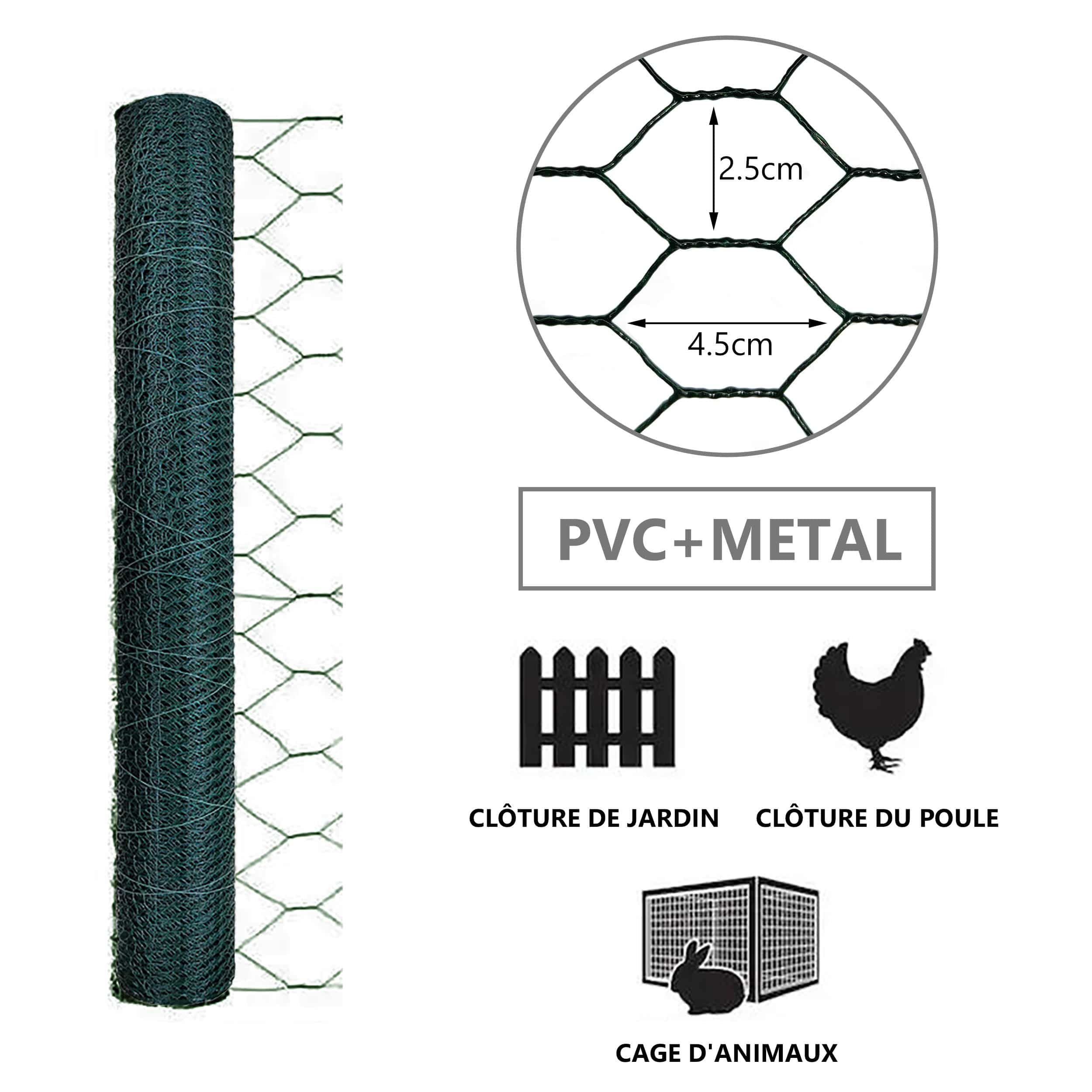 Grillage métallique gainé de PVC vert - Maille 25mm - 1x25M - Filet de clôture pour poulailler - VOUNOT® - 6