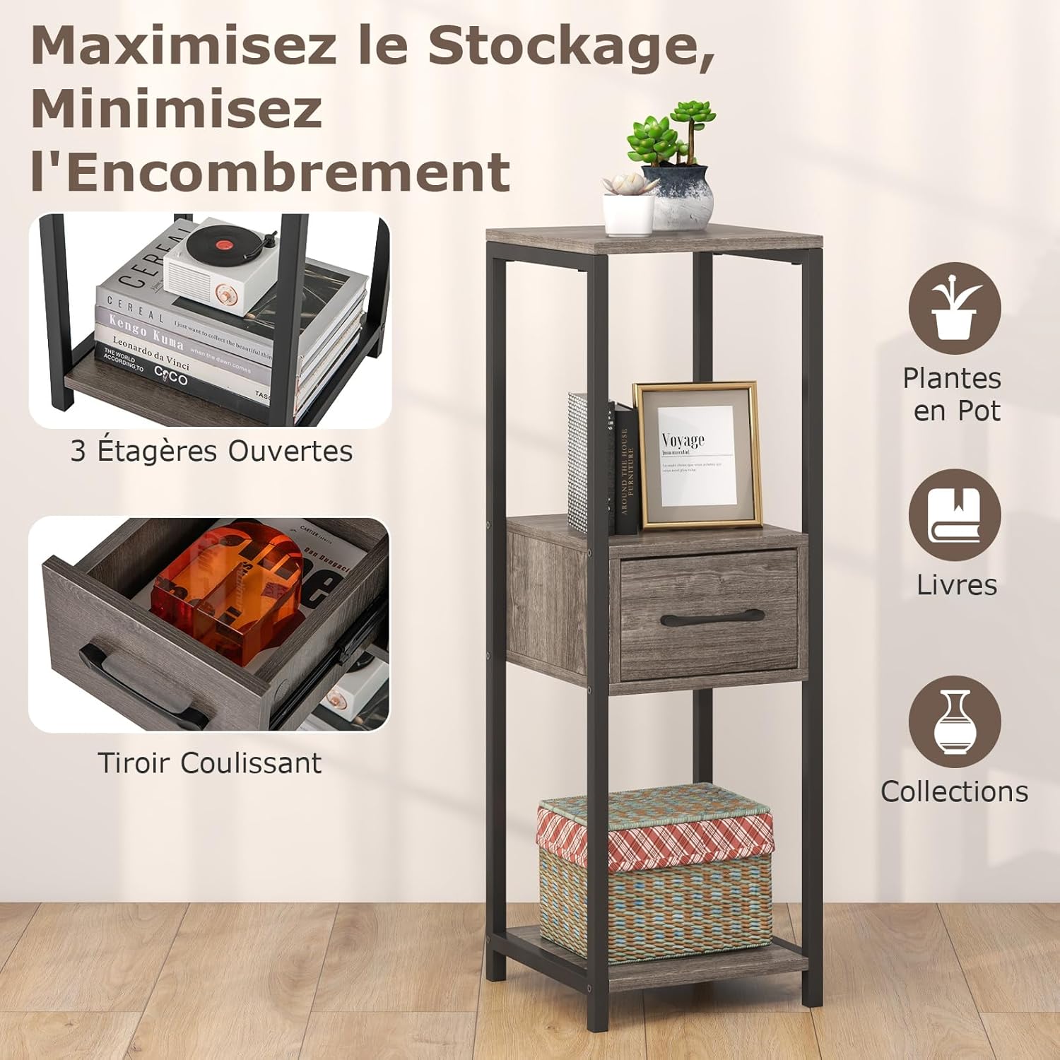 Scaffale per Piante Quadrato in Metallo, Scaffale Portafiori con Scomparsa e Dispositivi Antiribaltamento per Salotto, Camera da Letto e Studi - 5