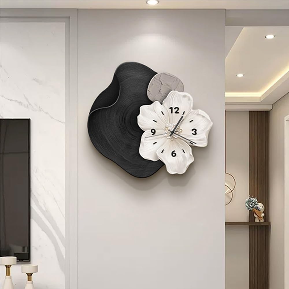 Reloj de pared Art Déco, reloj de pared con esculturas florales en 3D, cuadros decorativos colgantes (negro, 46 * 40 cm) - 3