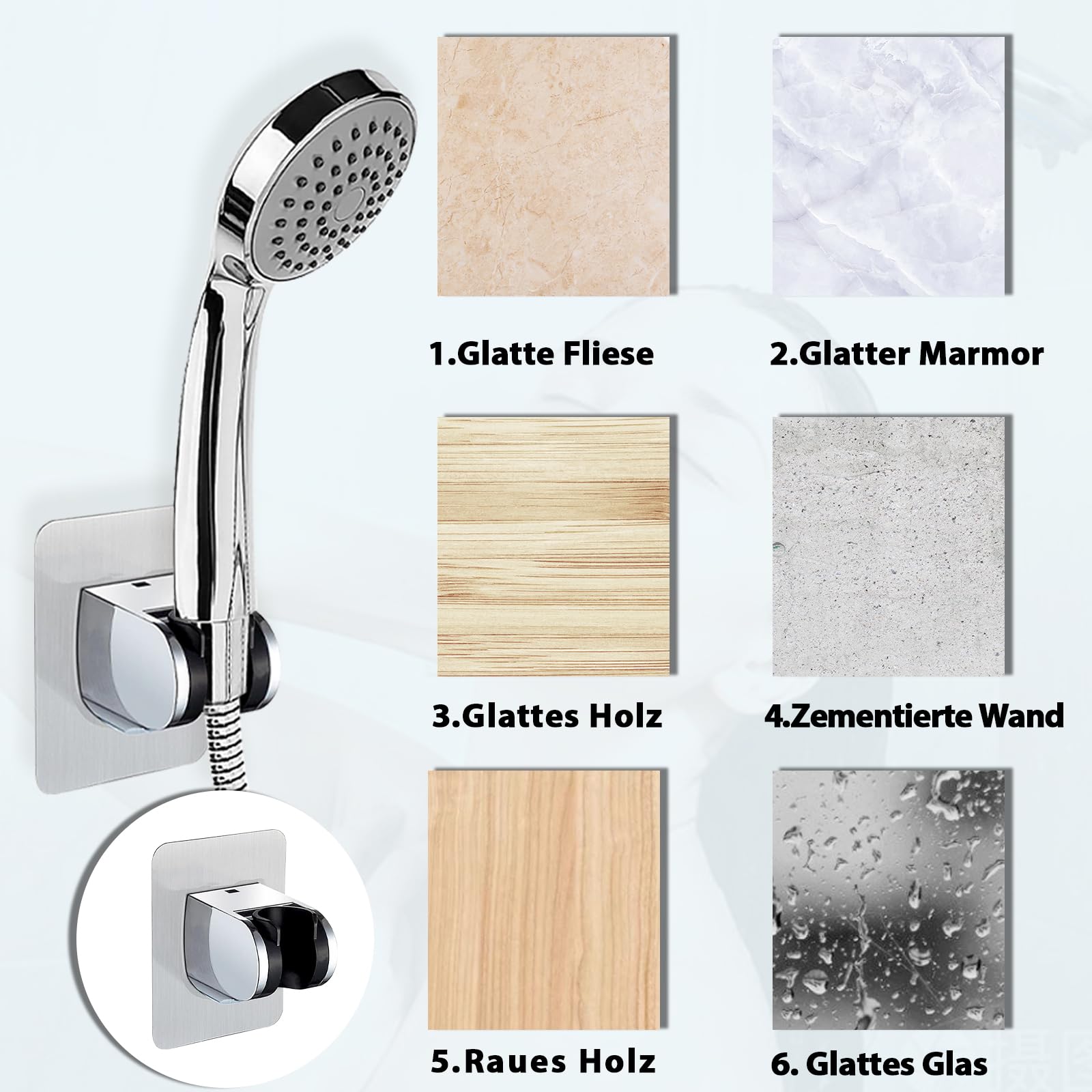 Support de douche à main, sans perçage, support de pomme de douche adhésif, support de pomme de douche réglable pour douchette à main de salle de bain - 5
