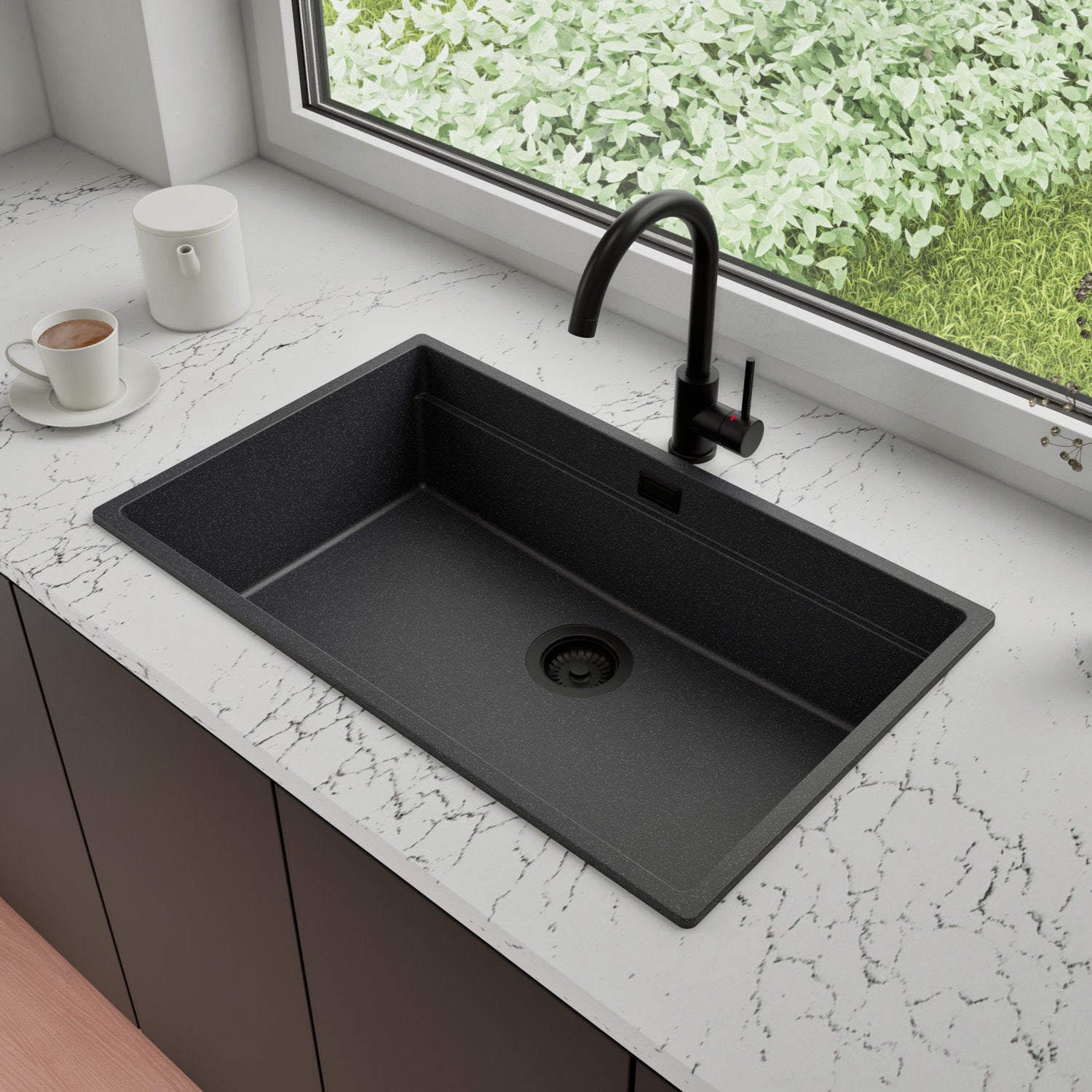 Zlewozmywak Granitowy 76x47cm, do szafki od 80cm + Bateria + Syfon - Coral Grafitowy STONESTYLE
