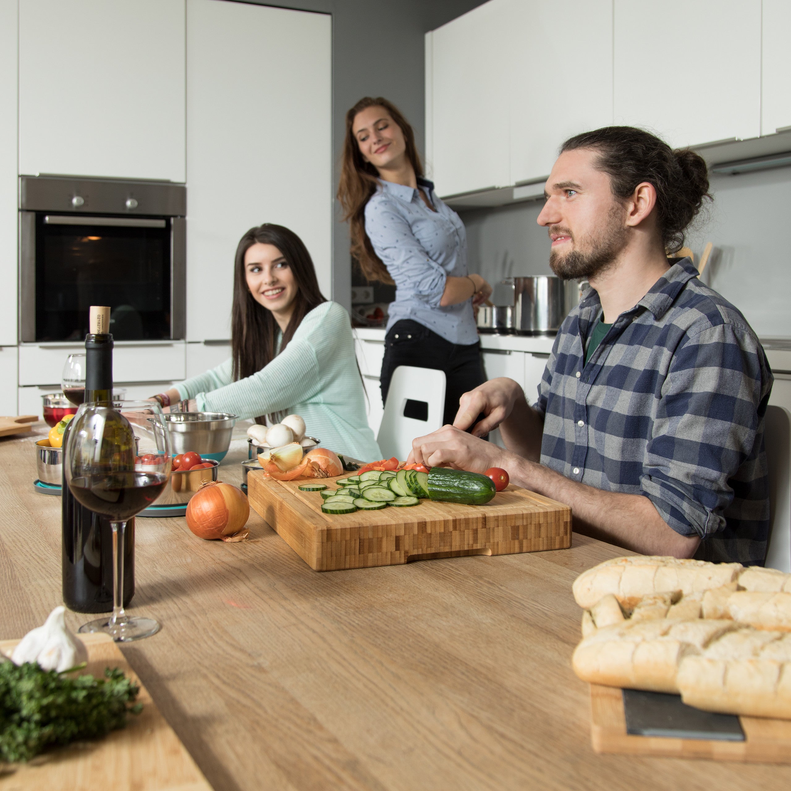 4x Tagliere Grande in Bambù Massiccio Manici ad Incavo Scanalatura Scorrisucco, Antigraffio HLP: 5,5x45x35cm, naturale - 2