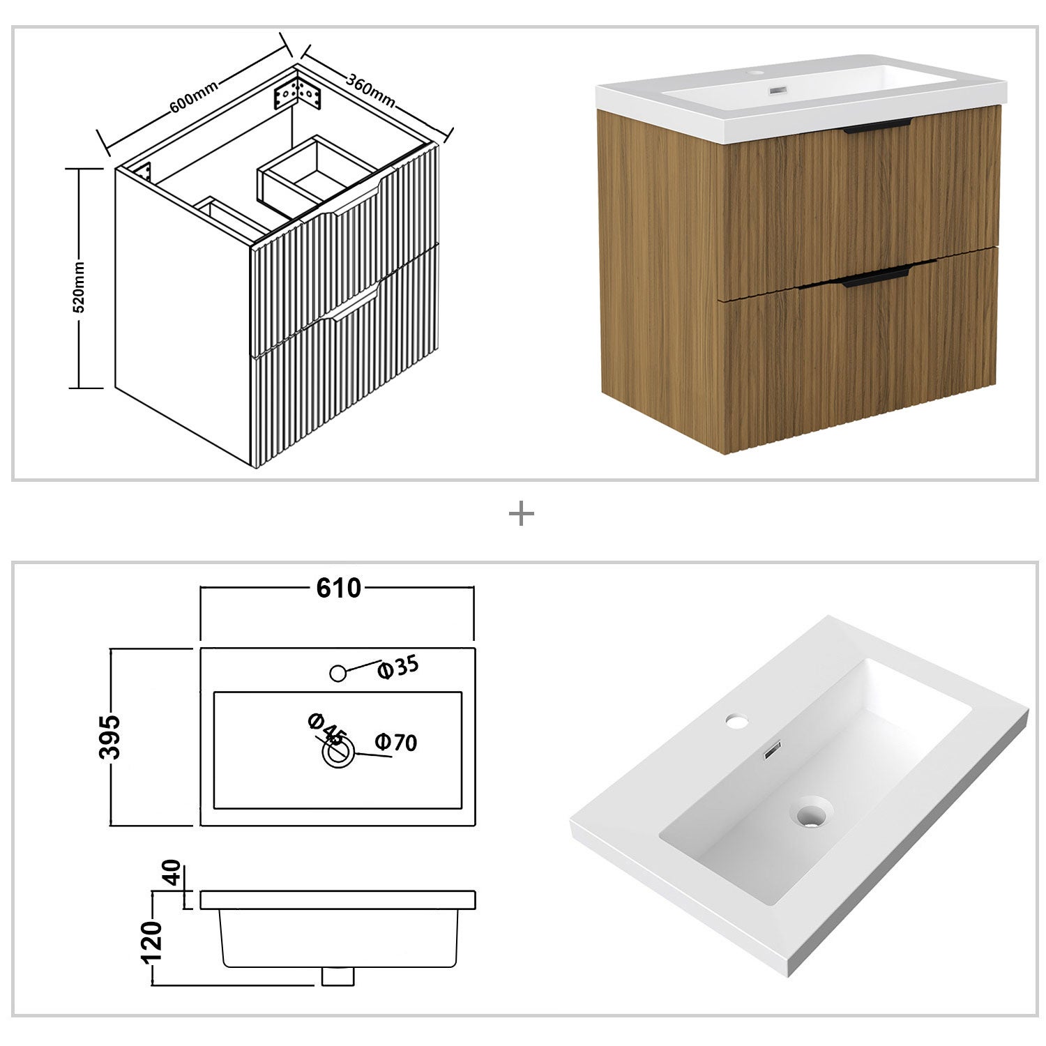 Meuble de Salle de Bain Suspendu Noyer Mat 60cm avec 2 Tiroirs Silencieux, Vasque Résine, Résistant à l'Humidité, Cannelé Design - 2