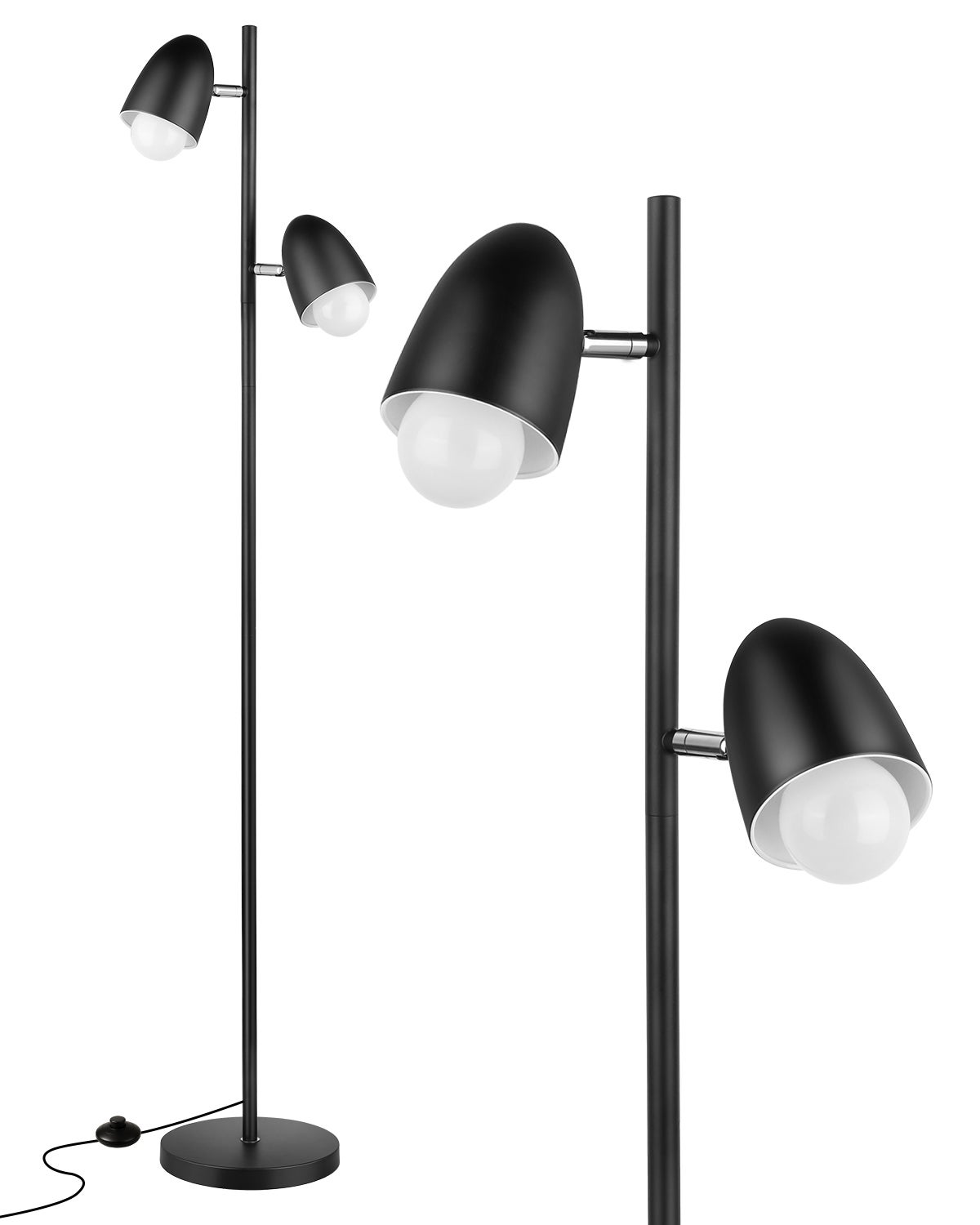 Lampadaire sur pied LED 163 cm noir, double tête réglable 350°, lampadaire salon industriel E27 max. 60W, éclairage lecture chambre bureau, LOVHAUS - 2