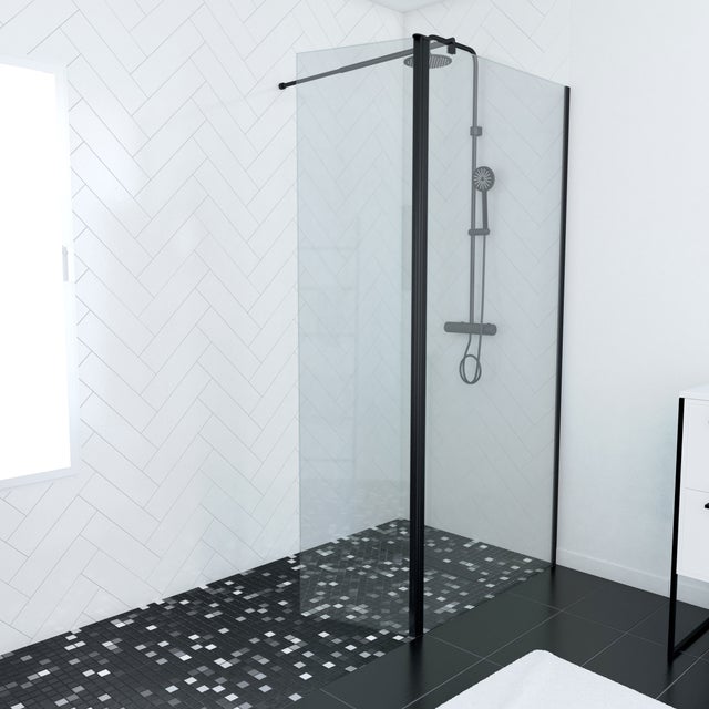 Paroi de Douche et Volet Pivotant 90+40x200 cm - Verre Transparent - Barre de Fixation Noire