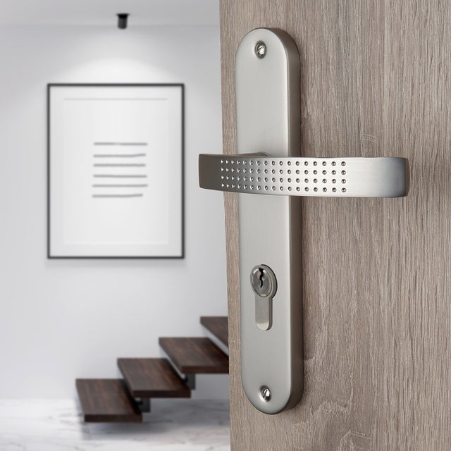 2 poignées de porte AUDACE trou de Cylindre, Aluminium nickel mat entraxe 195 mm, entrée bureau garage