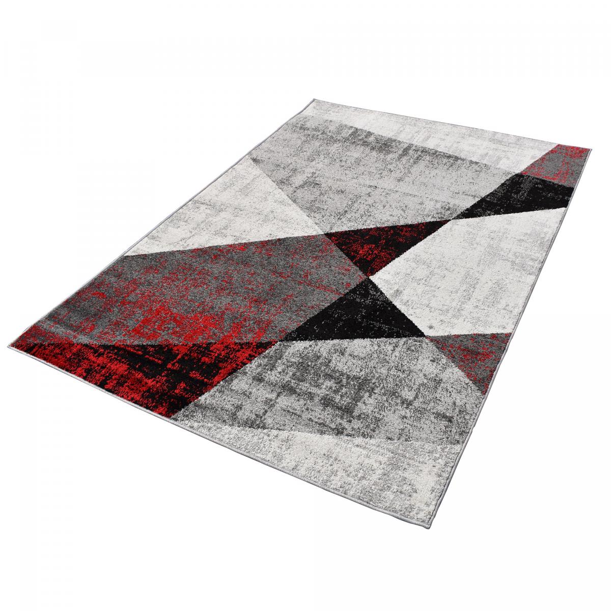 tapis entrée 120x170 tissé gris et rouge rectangle motif géométrique ROSALINE - 5