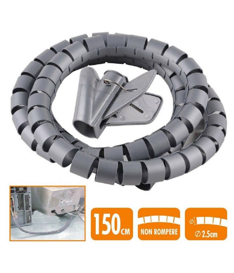 Avvolgicavo A Spirale Tagliabile 5 Metri Grigio | Organizer Per Cavi TV/PC Con Clip | Gestione Cavi In Ufficio E Casa