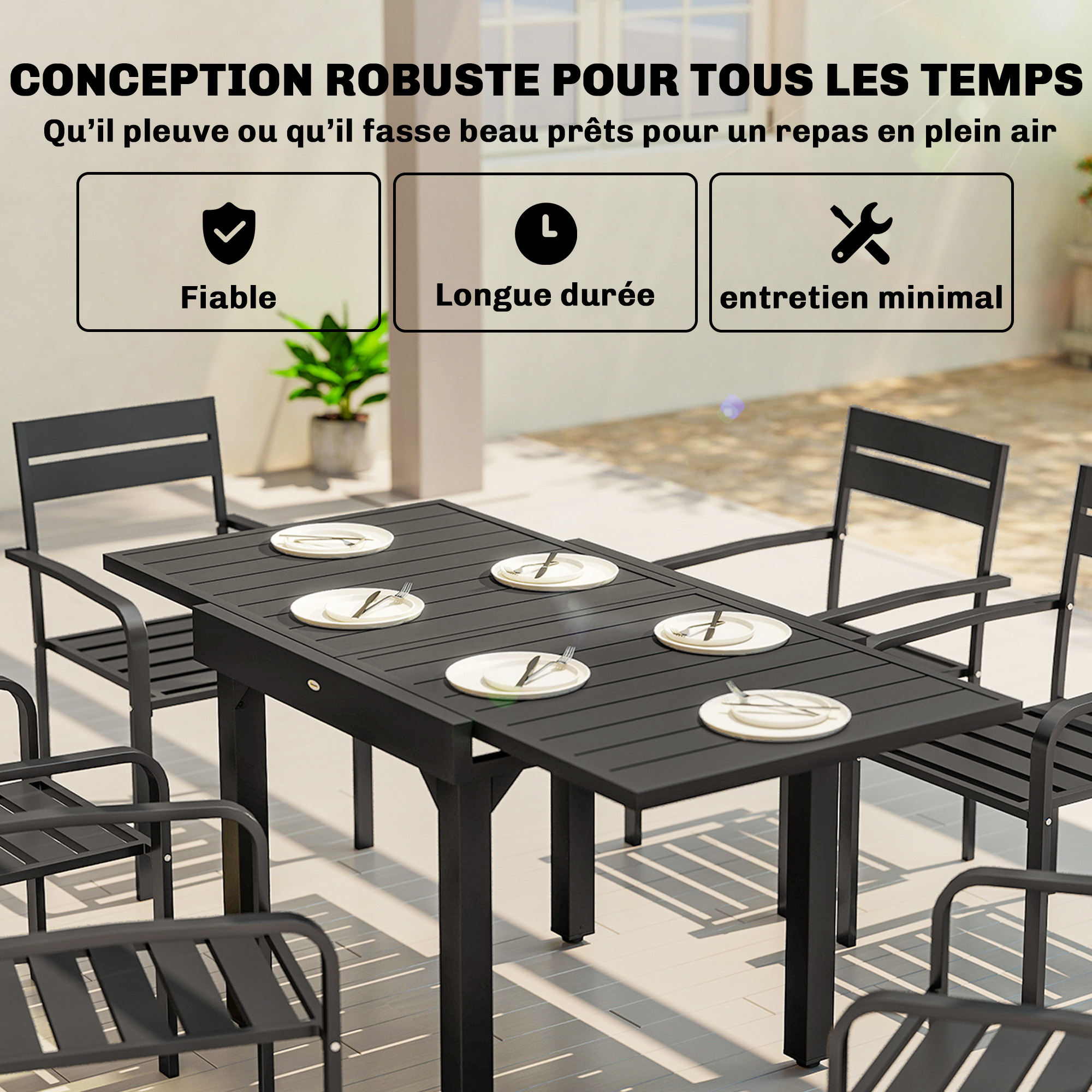 Table de jardin extensible rectangulaire en Aluminium Noir 6 places - 6