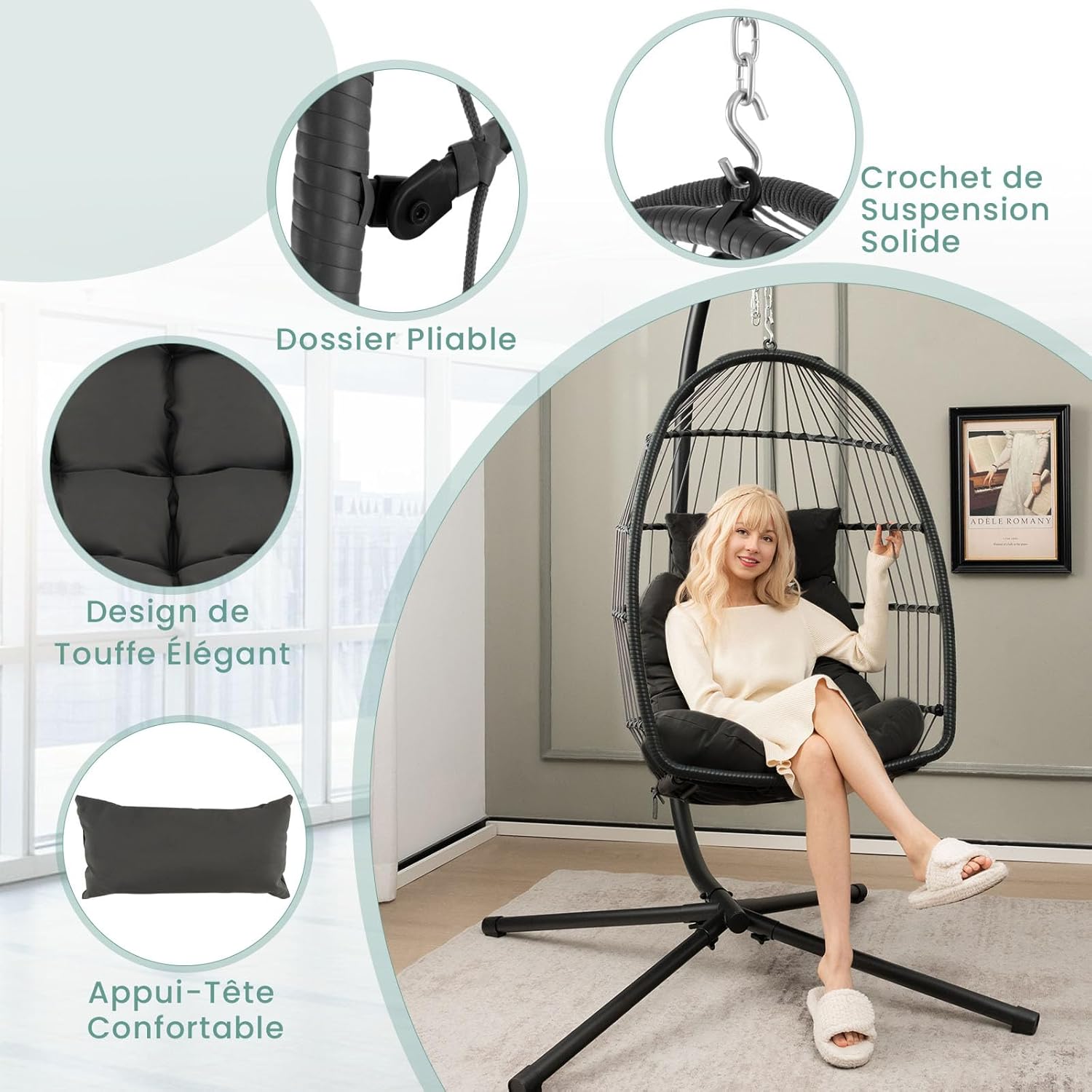 Silla colgante tipo huevo, columpio con almohada y cojín suave, silla colgante de ratán sintético, diseño plegable, capacidad de 150 kg (gris) - 6