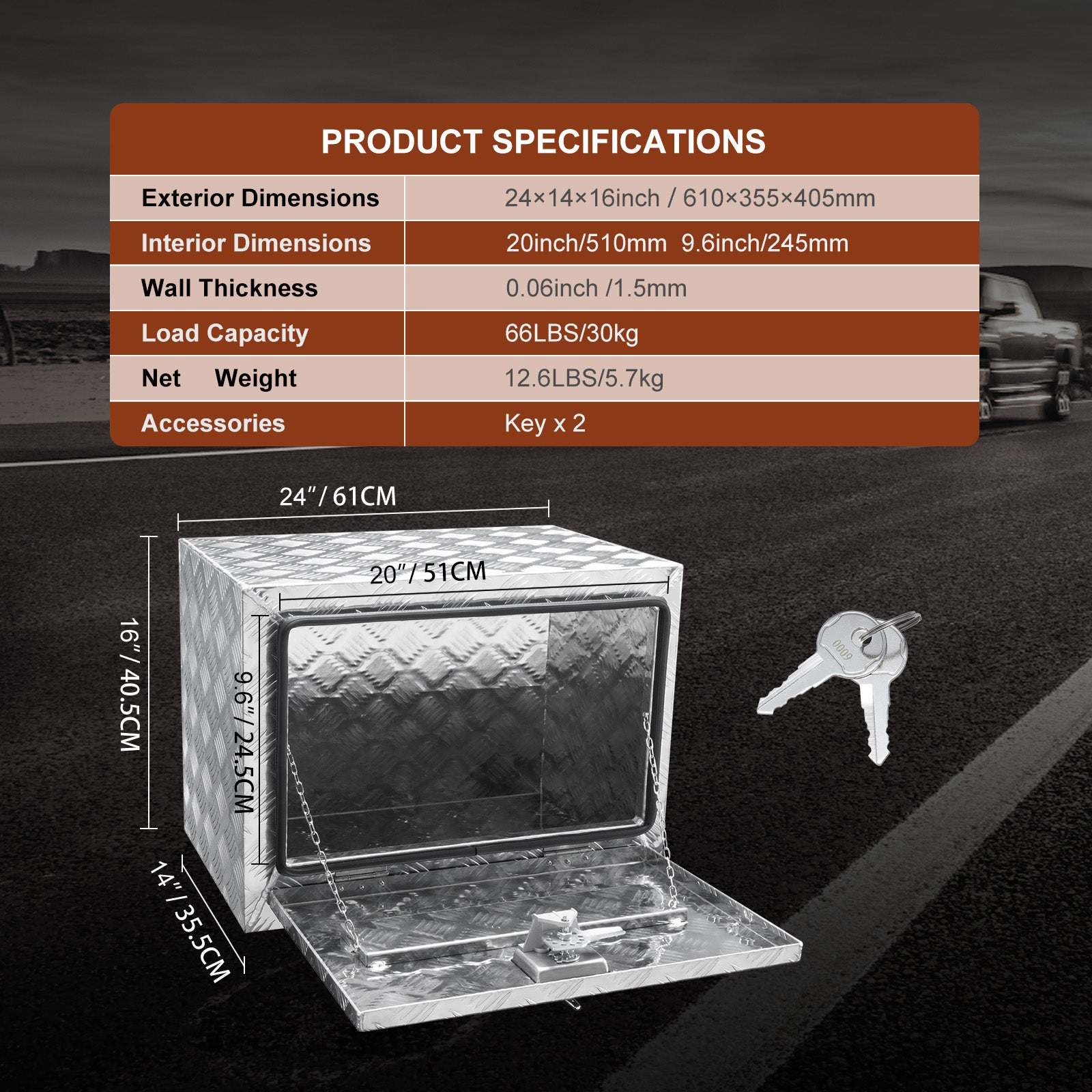 Coffre de camion sous le corps SucceBuy 61 x 35,6 x 40,6 cm,rangement d'outils en plaque diamantée en aluminium,boîte étanche avec serrure - 9
