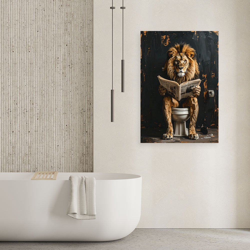 Obraz nowoczesny do łazienki wc pokoju humor, Lew czytający gazetę czarno złoty 80x120 - 2