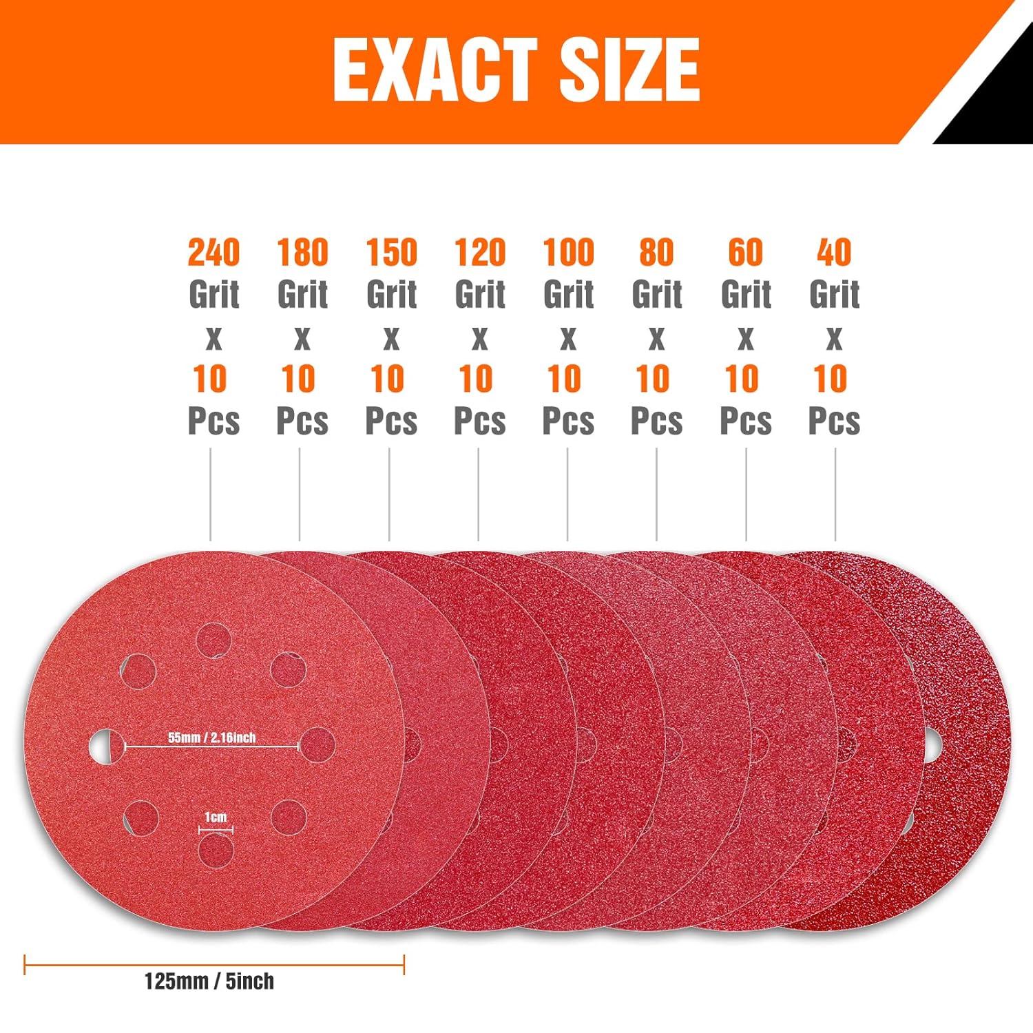 Disques Abrasifs 125mm Grain Mixte 40/60/80/100/120/150/180/240 Papier Poncer 80 Pièces 8 Trous Disque Poncage pour Ponceuse Excentrique - 3