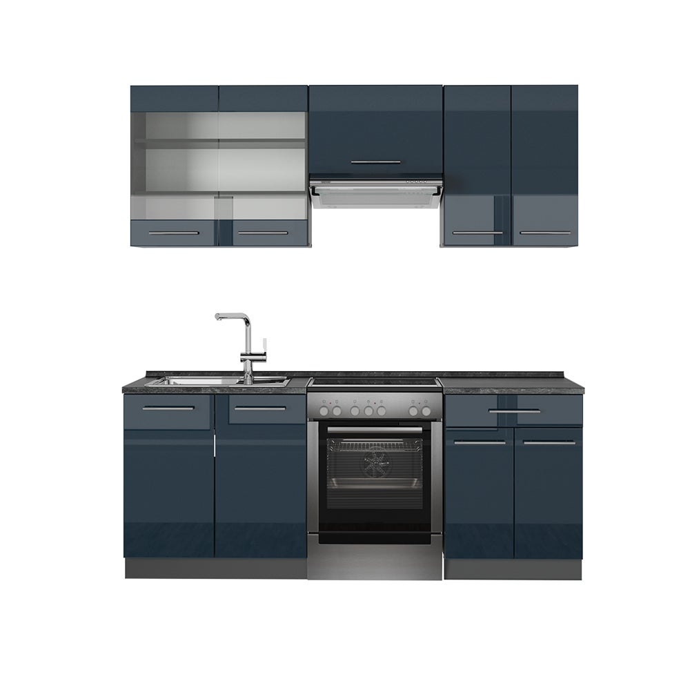 Vicco Kitchenette Fame-Line, Bleu foncé brillant/Anthracite, 200cm sans ...