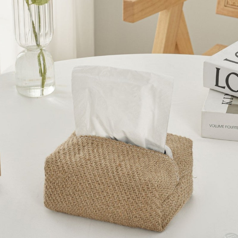 Ekologiczny, bezplastikowy pojemnik na chusteczki z juty i rattanu, 17 x 9 x 8 cm
