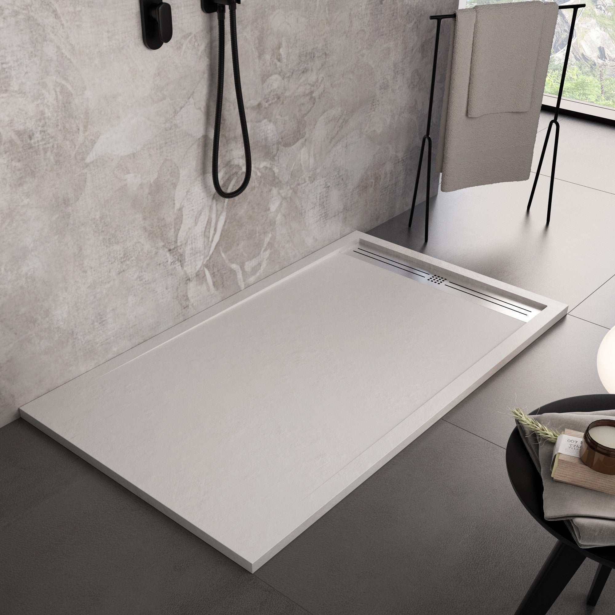 piatto doccia bianco in marmoresina, design e qualità top, effetto pietra ardesia, gelcoat, slim 3 cm. 90x160
