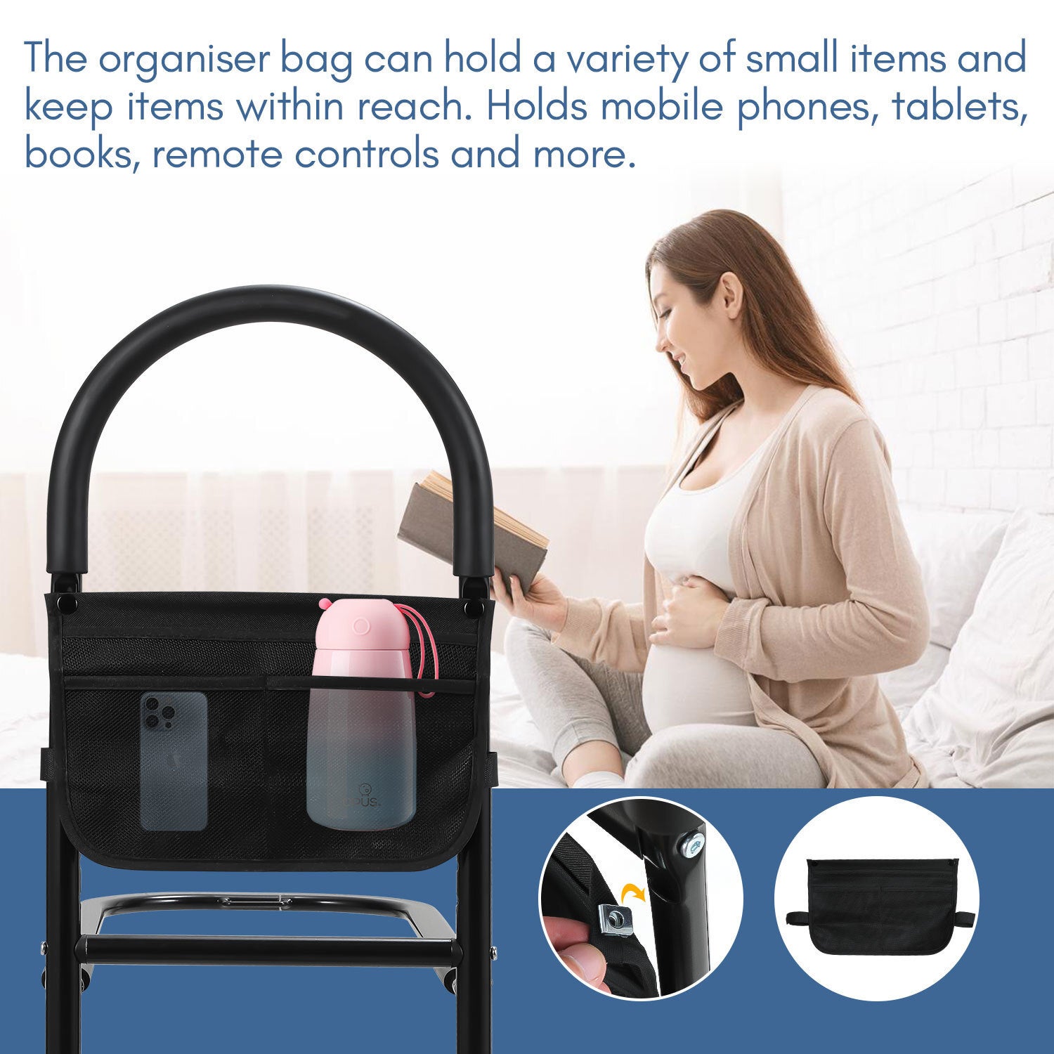 Barreira de cama para adultos com bolsa de arrumação - Barra de apoio ajustável e cinta de segurança - Ideal para idosos - 4
