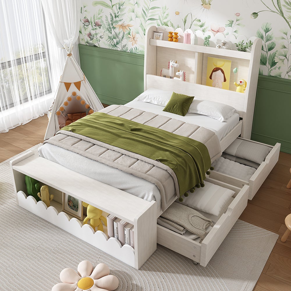 Letto singolo per bambini 90x200 cm, con cassetti, ripiani e panca