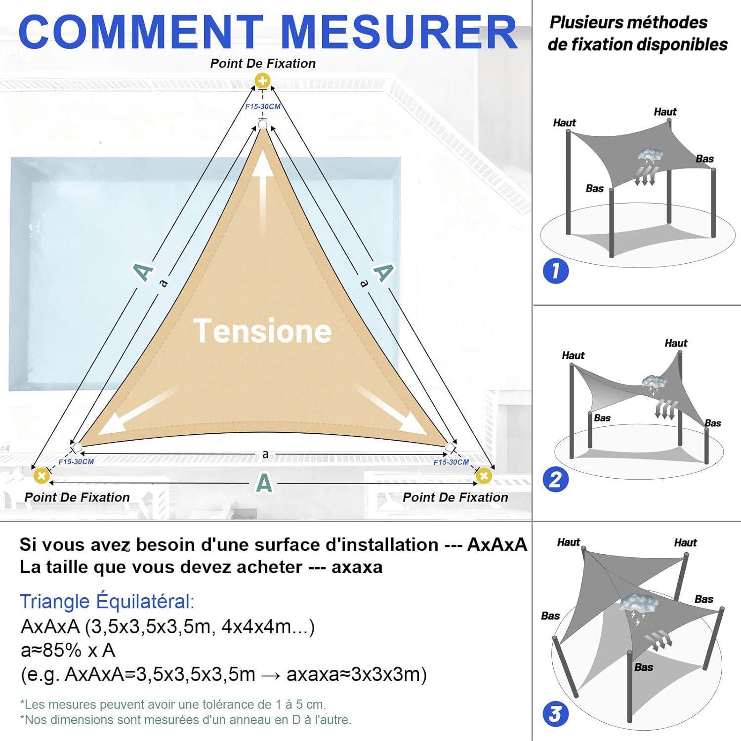Voile d'ombrage Triangulaire Imperméable 3x3x3m Toile Ombrage PES avec 95% UV Protection pour Patio Extérieur Jardin Terrasse, Sable - 5