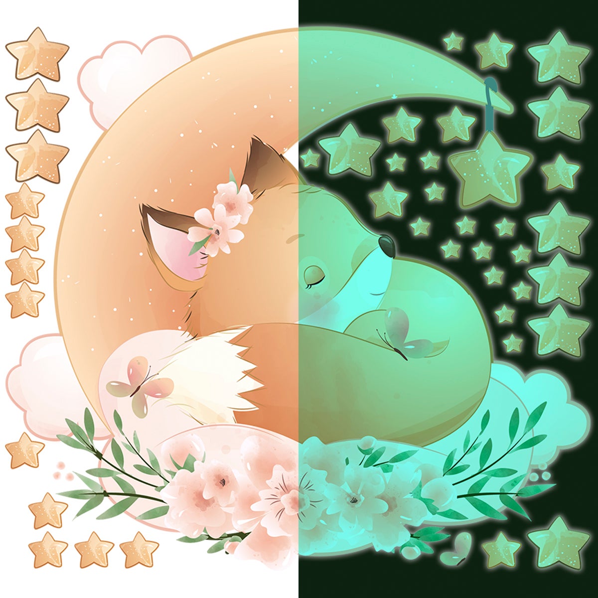 Adesivos fosforescente volpe tra le stelle + 40 stelle - Sticker adesivo - adesivi murali - 50x55cm - 4