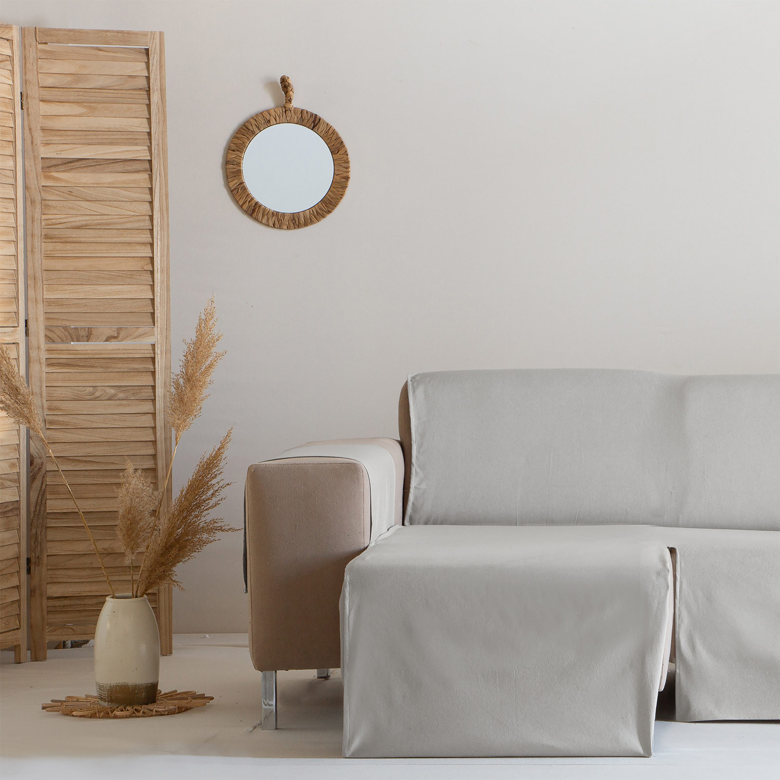 Funda sofá chaise longue 200cm brazo izquierdo liso algodón combinado tacto extra suave, color gris claro