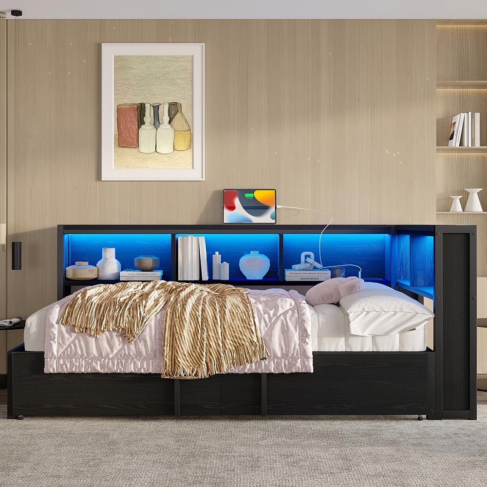 Rozkładana sofa 90 x 200 cm, z wysuwanym łóżkiem, schowkiem, oświetleniem LED i portami USB, czarna